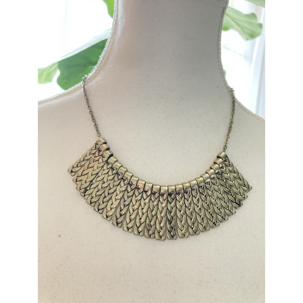 Gold Tone Fringe Bib Necklace Art Deco Egyptian Revival Statement Brutalist‎